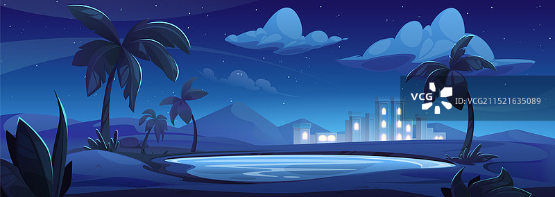 夜晚的卡通阿拉伯沙漠景观图片素材