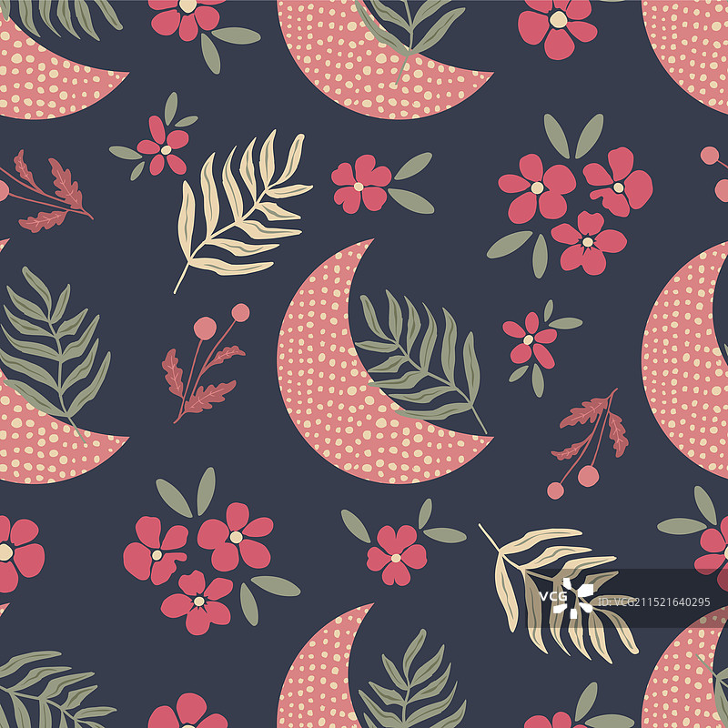 手绘魔法月亮与植物花卉图片素材