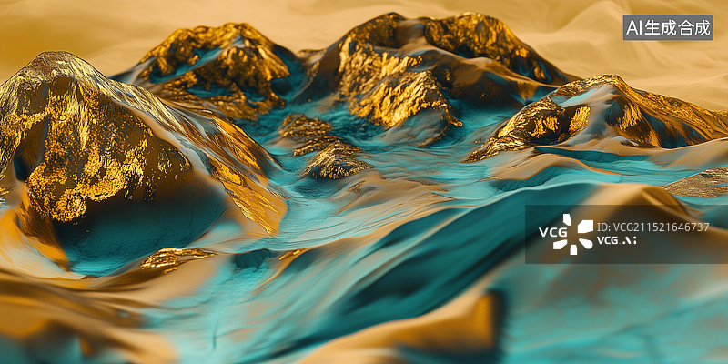【AI数字艺术】山脉和丘陵流淌着金色图片素材