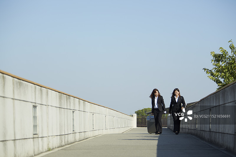 两位身穿黑色西装的女人在蓝天下提着手提包图片素材