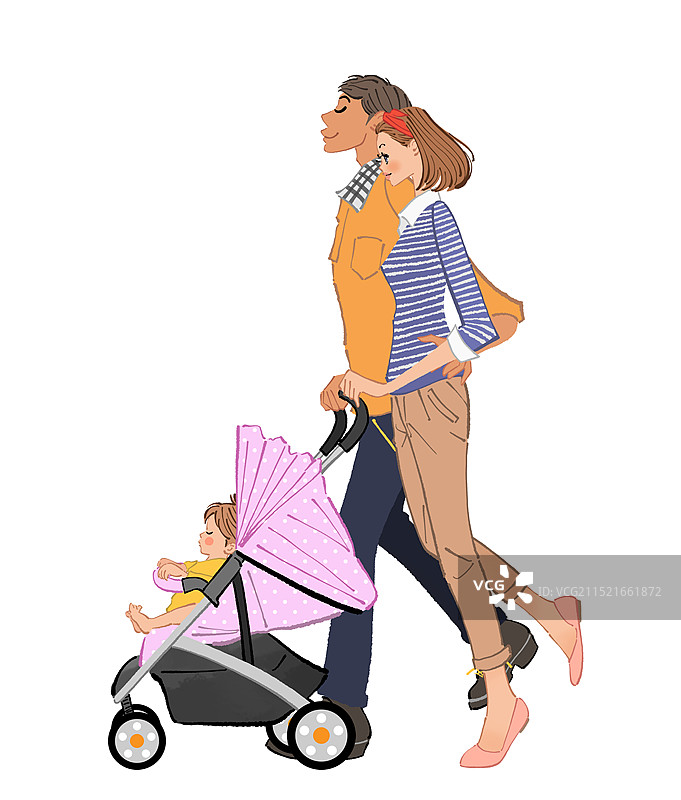 爸爸妈妈用婴儿车推着宝宝图片素材