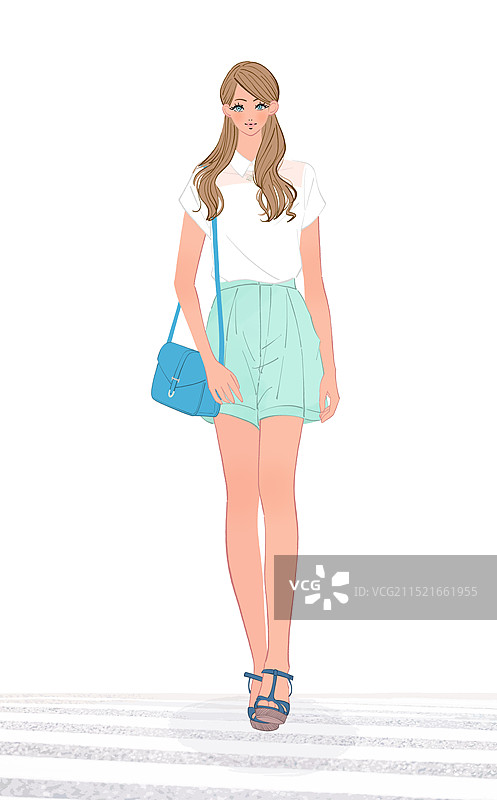 初夏，女孩走在人行横道上图片素材