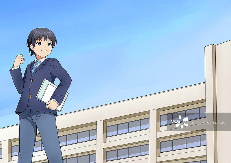 手拿笔记本、以学校建筑为背景的男学生图片素材