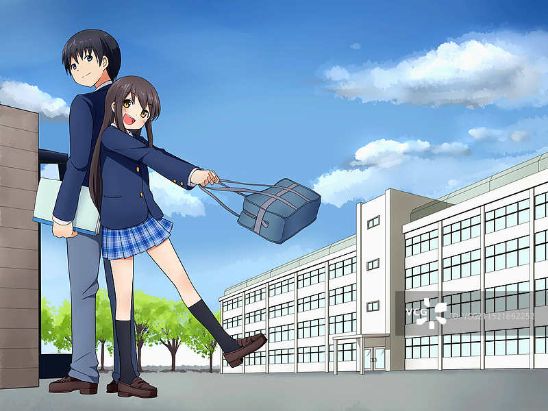 一男一女学生背靠背站立，背景是教学楼图片素材