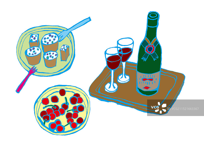 葡萄酒、蛋糕和樱桃图片素材