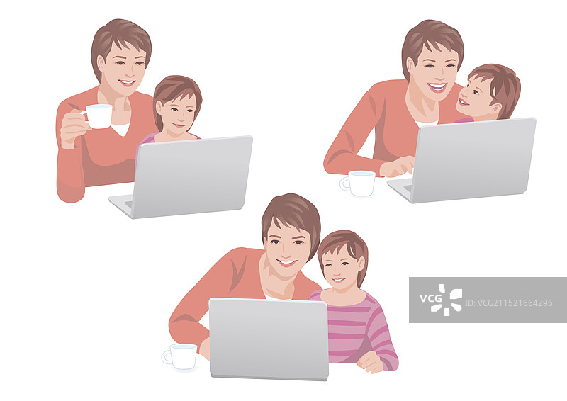 母亲和孩子们使用电脑进行网上购物图片素材