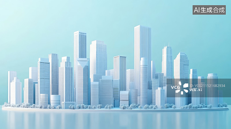 【AI数字艺术】3D渲染白色现代建筑城市天际线倒影背景图片素材