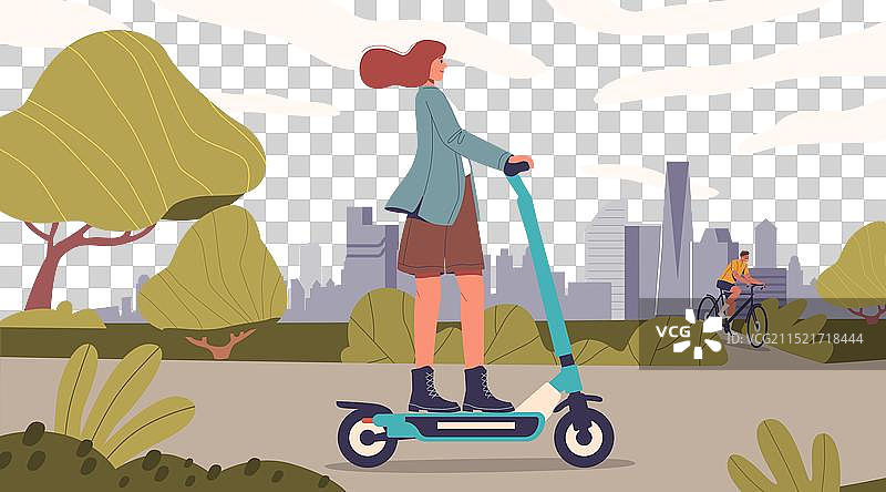 女人骑滑板车，男人骑自行车图片素材