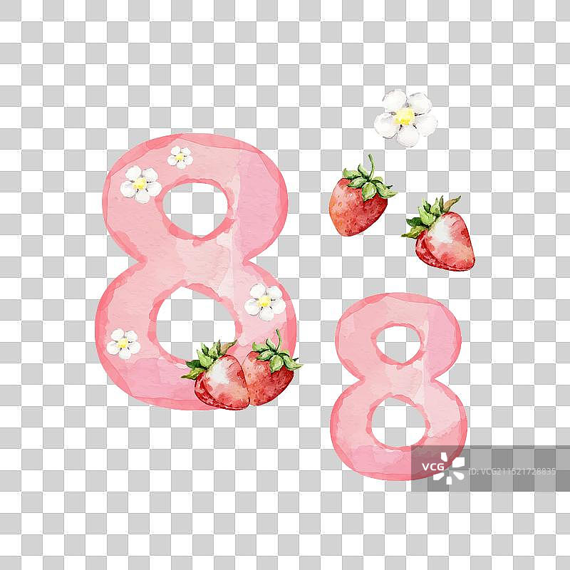 带草莓的水彩粉色数字8图片素材