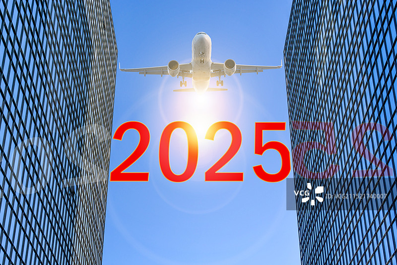 中国北京2025年元旦新年摩天大楼和飞机背景图片素材