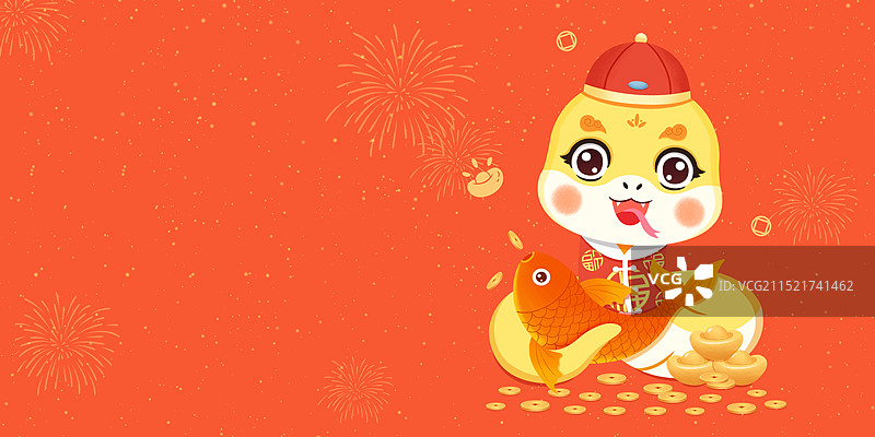 2025年巳蛇年卡通形象年年有余春节海报设计(横版无字)图片素材