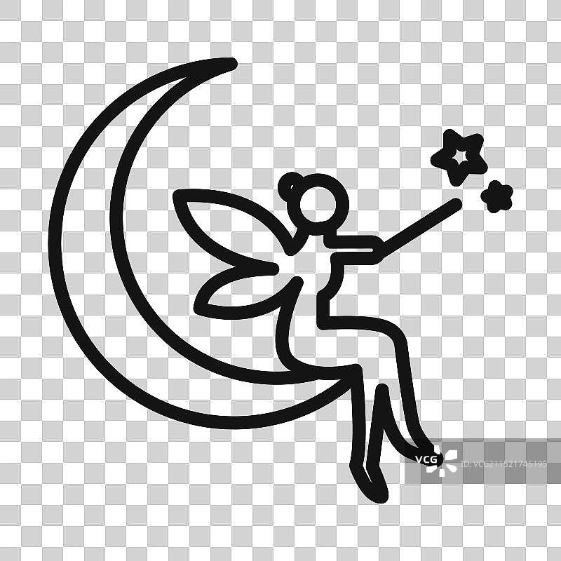 坐在月亮上的仙女黑色线条艺术图片素材