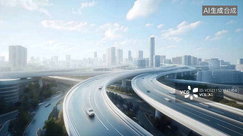 【AI数字艺术】鸟瞰视角下城市交通立交桥公路建筑风景图片素材