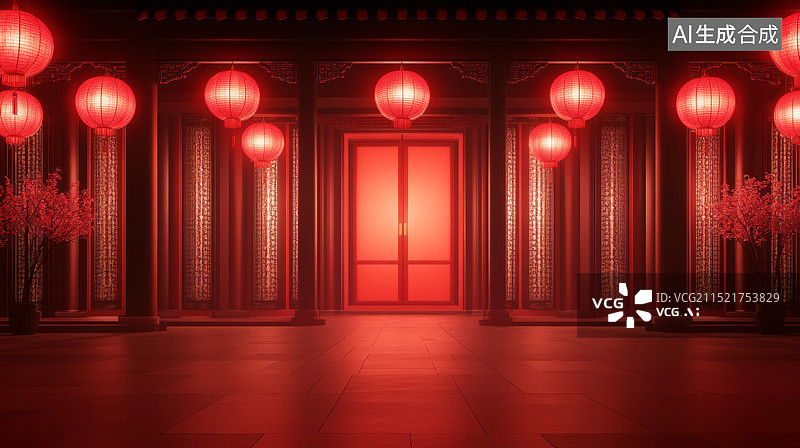 【AI数字艺术】红色灯笼与古建筑庭院门窗节日背景图片素材