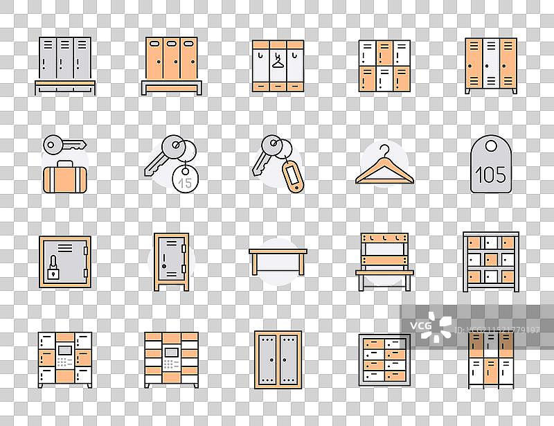 健身房学校储物柜扁平线条图标集图片素材