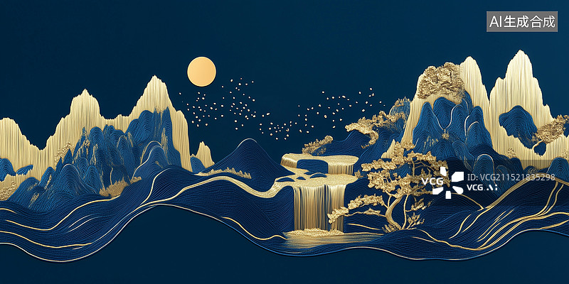 【AI数字艺术】刺绣中国风山水建筑画图片素材