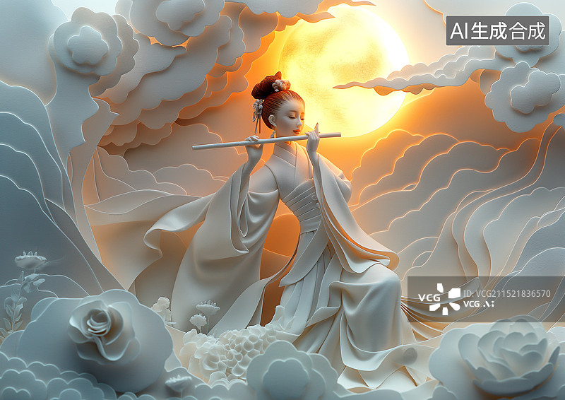 【AI数字艺术】月色下一位仙女正在吹奏笛子图片素材
