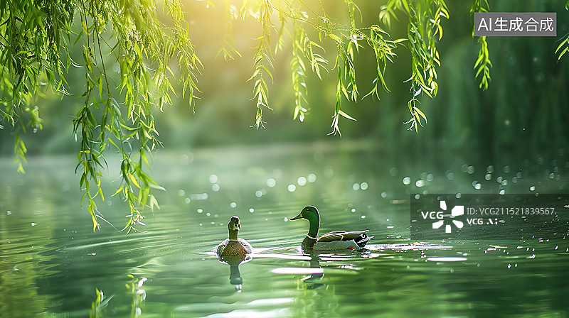【AI数字艺术】垂柳下湖水中游泳的一对鸭子图片素材