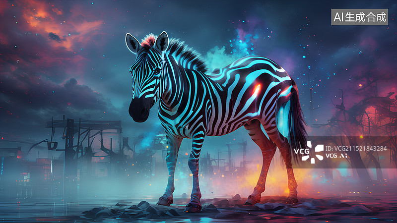 【AI数字艺术】动物主题插画 发光的斑马图片素材