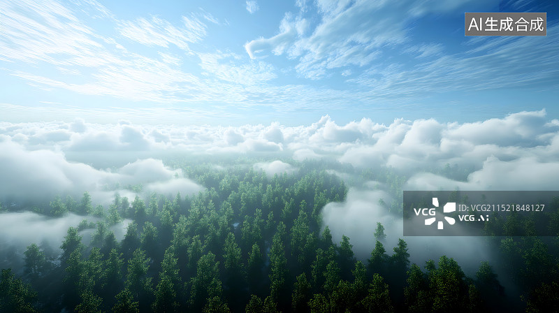 【AI数字艺术】鸟瞰视角 云雾 森林 热带雨林 自然 风景图片素材