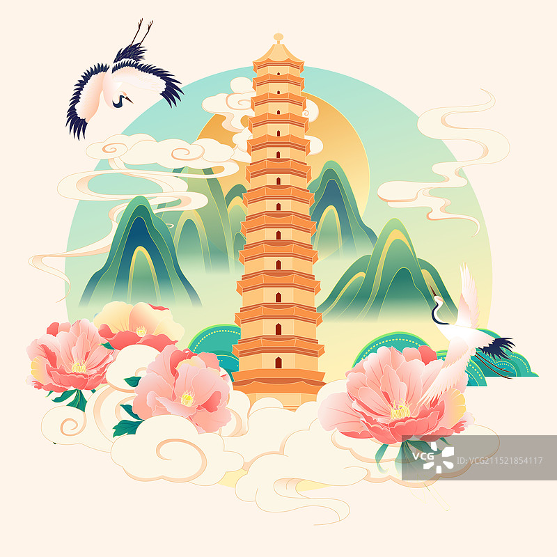 国风河南开封城市建筑彩色矢量插画图片素材