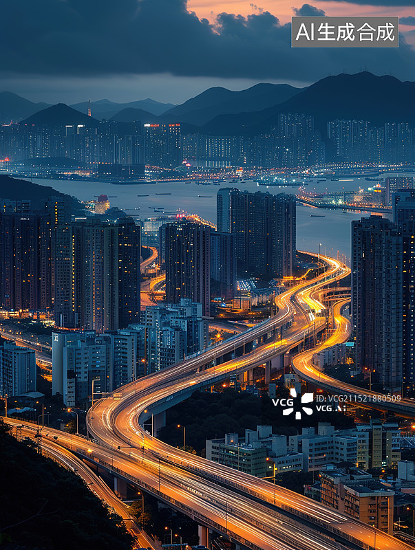 【AI数字艺术】夜晚中的高速公路 车流图片素材