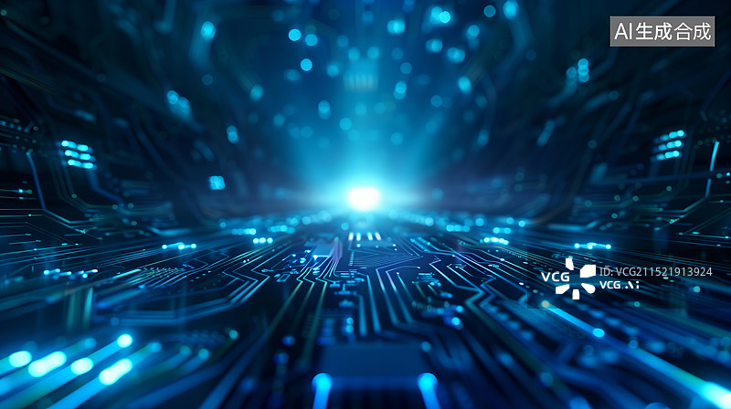 【AI数字艺术】发光的蓝色电路板科技背景图片素材