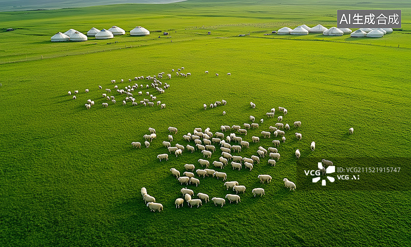 【AI数字艺术】草原牧歌：蒙古包与羊群的和谐共处图片素材
