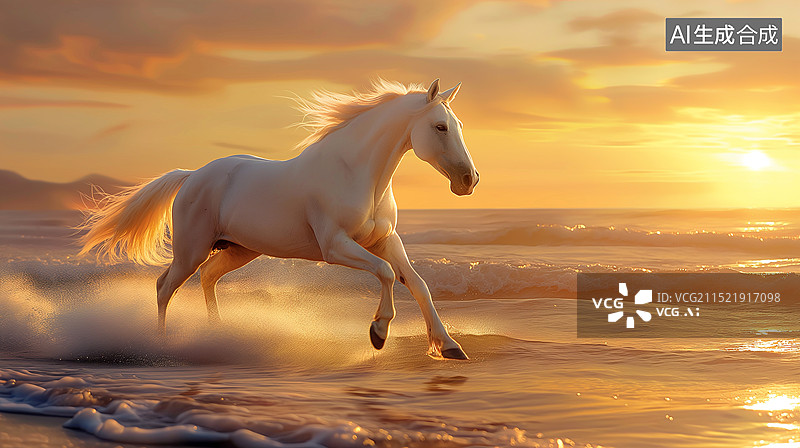 【AI数字艺术】夕阳下海滩奔跑的白马图片素材
