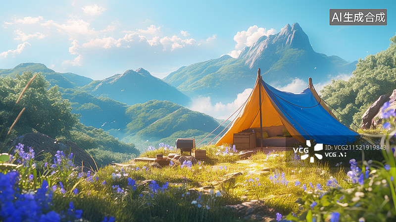 【AI数字艺术】雪山下草坪上的露营帐篷图片素材