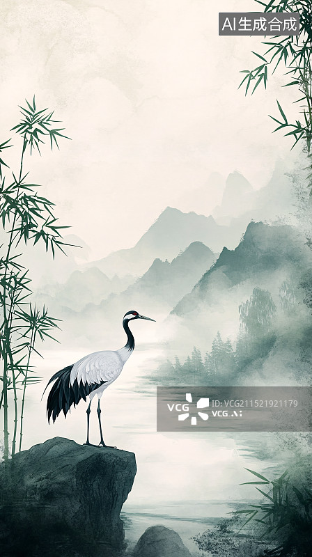 【AI数字艺术】国风仙鹤插画图片素材