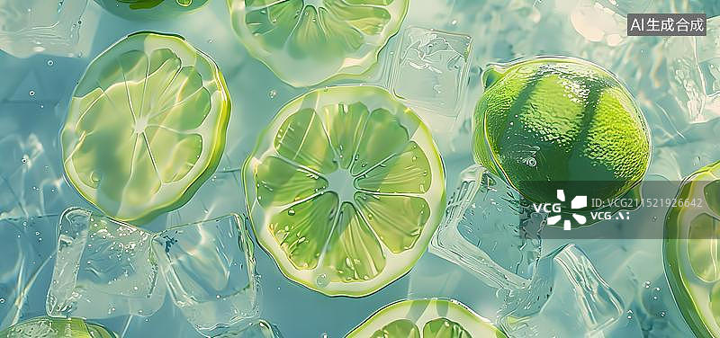 【AI数字艺术】夏日冰爽柠檬冰块冷饮海报背景图片素材