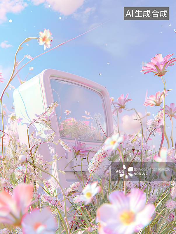 【AI数字艺术】老式电视机与花朵图片素材