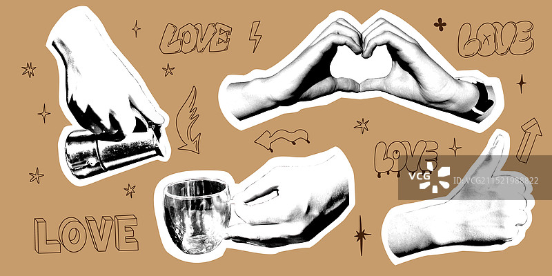 带有咖啡杯制造商的拼贴半色调手图片素材