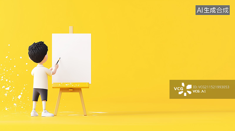 【AI数字艺术】小男孩在一个黄色背景前的画架旁绘画图片素材
