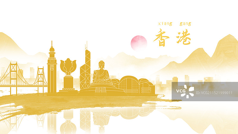 香港水墨城市国风金色毛笔建筑水彩画城市图片素材
