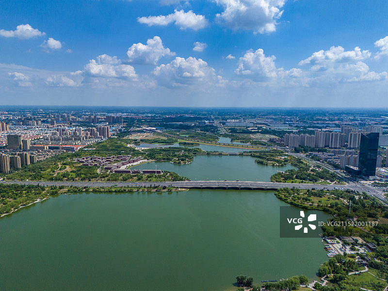 航拍河南开封西湖 开封黑岗口调蓄水库 湖泊-森林生态景观风景带 汴西湖 郑汴新区开封新区图片素材