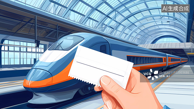 【AI数字艺术】春运火车站列车插画图片素材