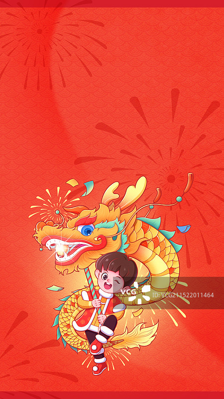 卡通小男孩舞龙主题新年春节插画图片素材