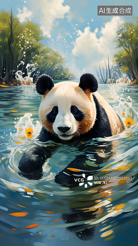 【AI数字艺术】大熊猫主题插画 夏天在河里游泳的大熊猫图片素材