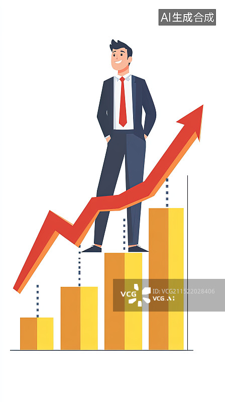 【AI数字艺术】商务人士站在销售业绩增长柱状图红色箭头上图片素材