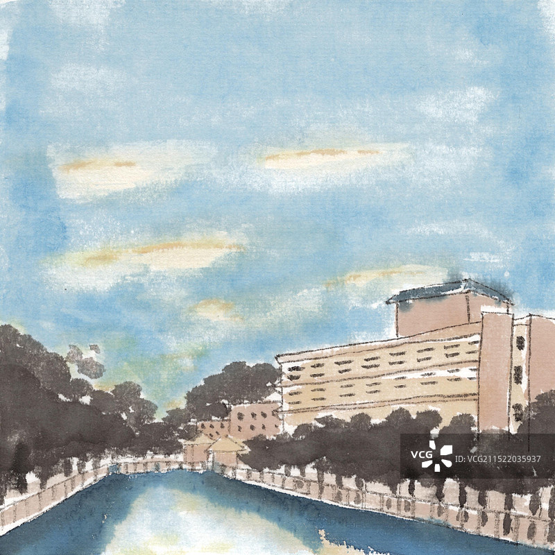 手绘水墨城市风景插画图片素材