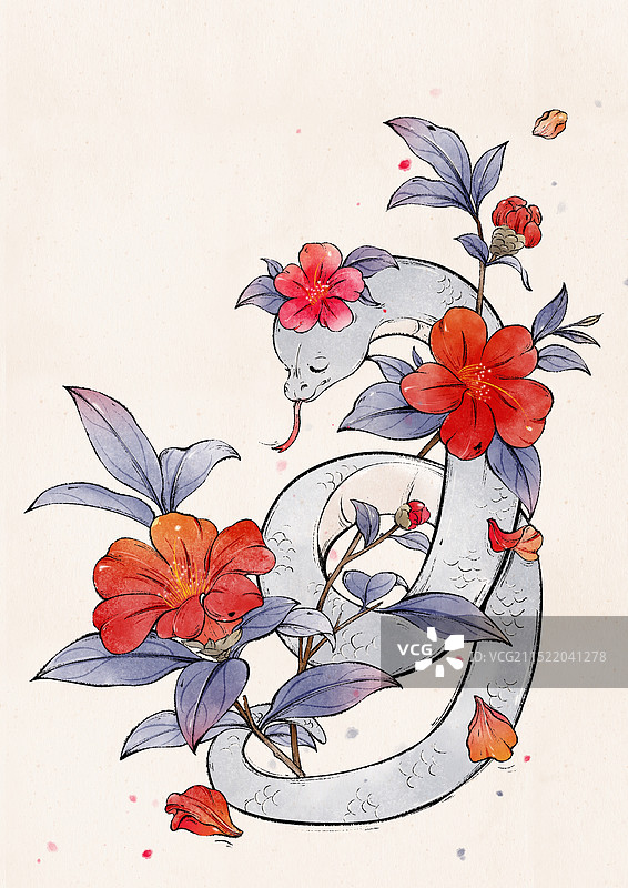手绘国风蛇年十二花令系列山茶花蛇图片素材