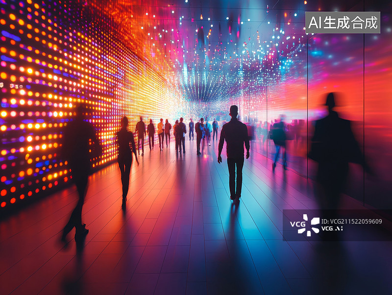 【AI数字艺术】一群人走进炫彩艺术空间的背影图片素材