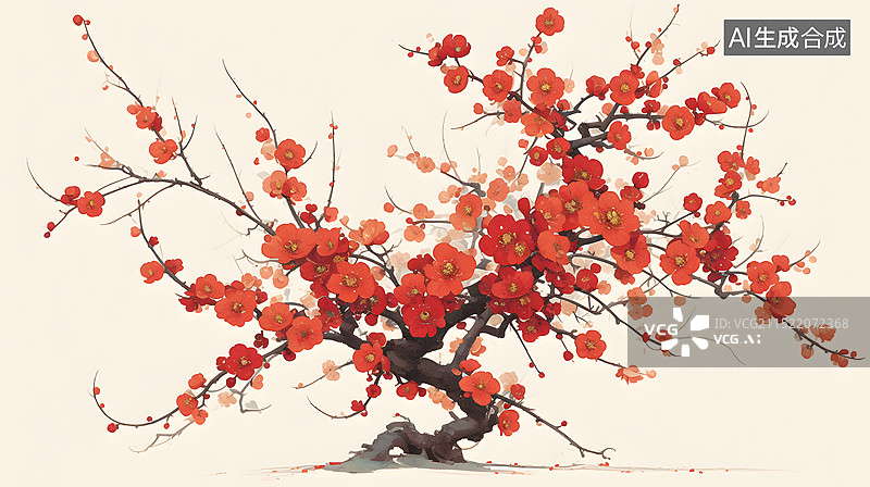 【AI数字艺术】中国风红梅梅花插画水墨画图片素材