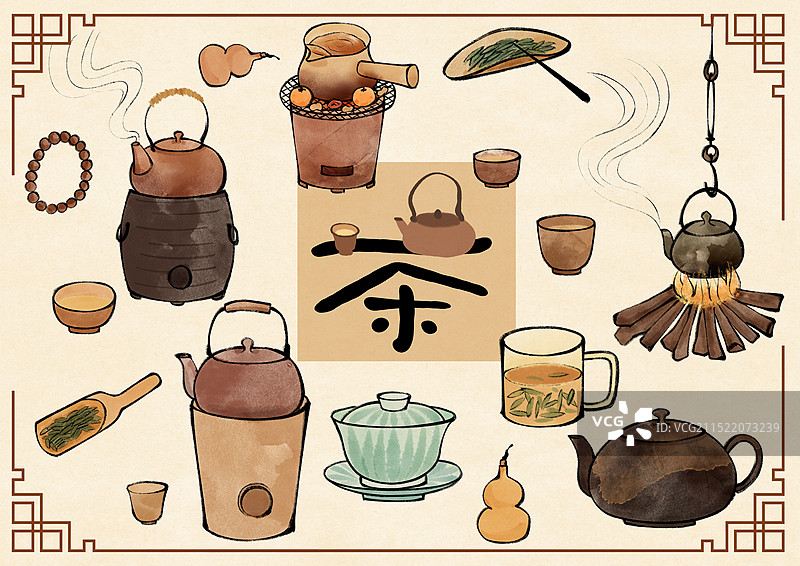 煮茶喝茶国风插画图片素材
