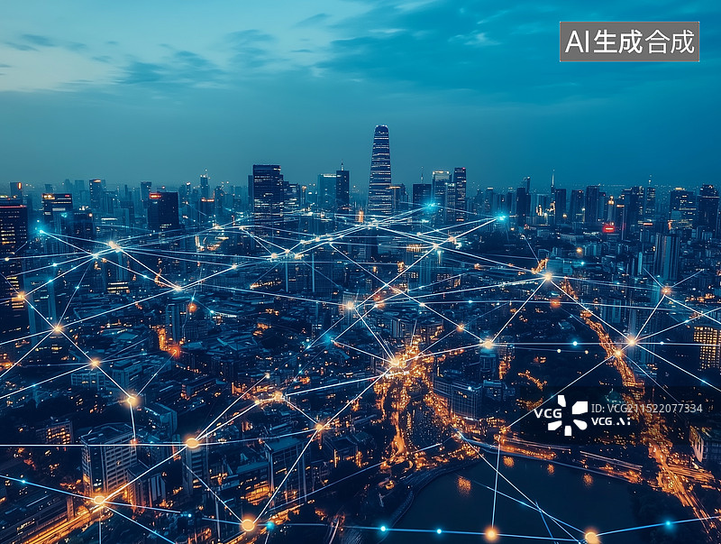 【AI数字艺术】抽象物联网城市天际线远景航拍图片素材