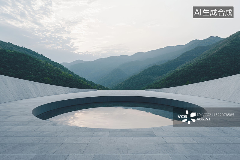 【AI数字艺术】圆形水池与山谷，展现静谧与平衡的建筑艺术图片素材