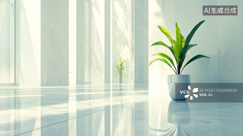 【AI数字艺术】阳光下的绿色植物和极简室内空间图片素材
