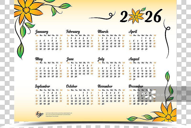 2026年日历模板，黄色花朵设计图片素材